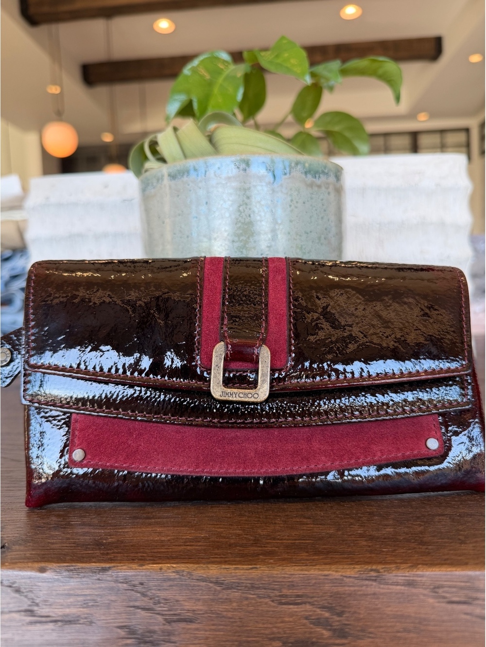 Vintage Jimmy Choo Patent Leather & Suede Buckle Clutch Burgundy Pristine